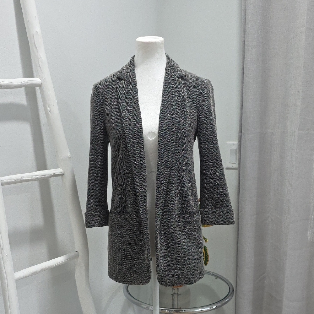 Women's Open Front Black And White Herringbone Blazer Coat With Pockets